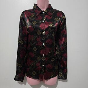 Notations  - Blouse Button Up Satin Floral Rose - Black Red Gold - Size 12